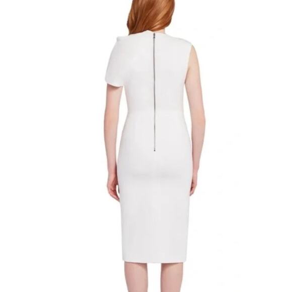 Alice + Olivia Kiro Ruffle-Shoulder Midi Sheath Dress in Bright White Size 4 - Picture 2 of 13